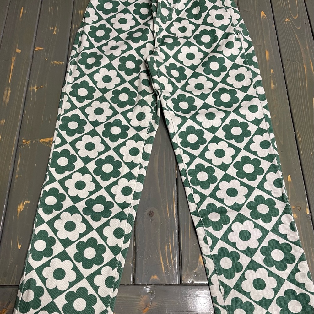 Pacsun Green & White Flower High Rise Straight Jeans Size 25